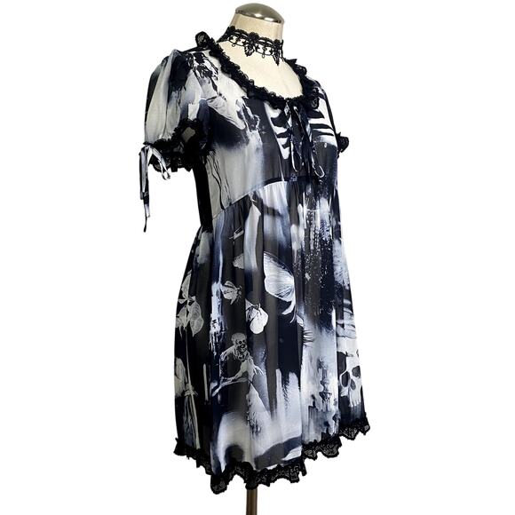 Widow Dolls Kill Gothic Sheer Graphic Print Lace BabyDoll Mini Dress - Picture 2 of 13